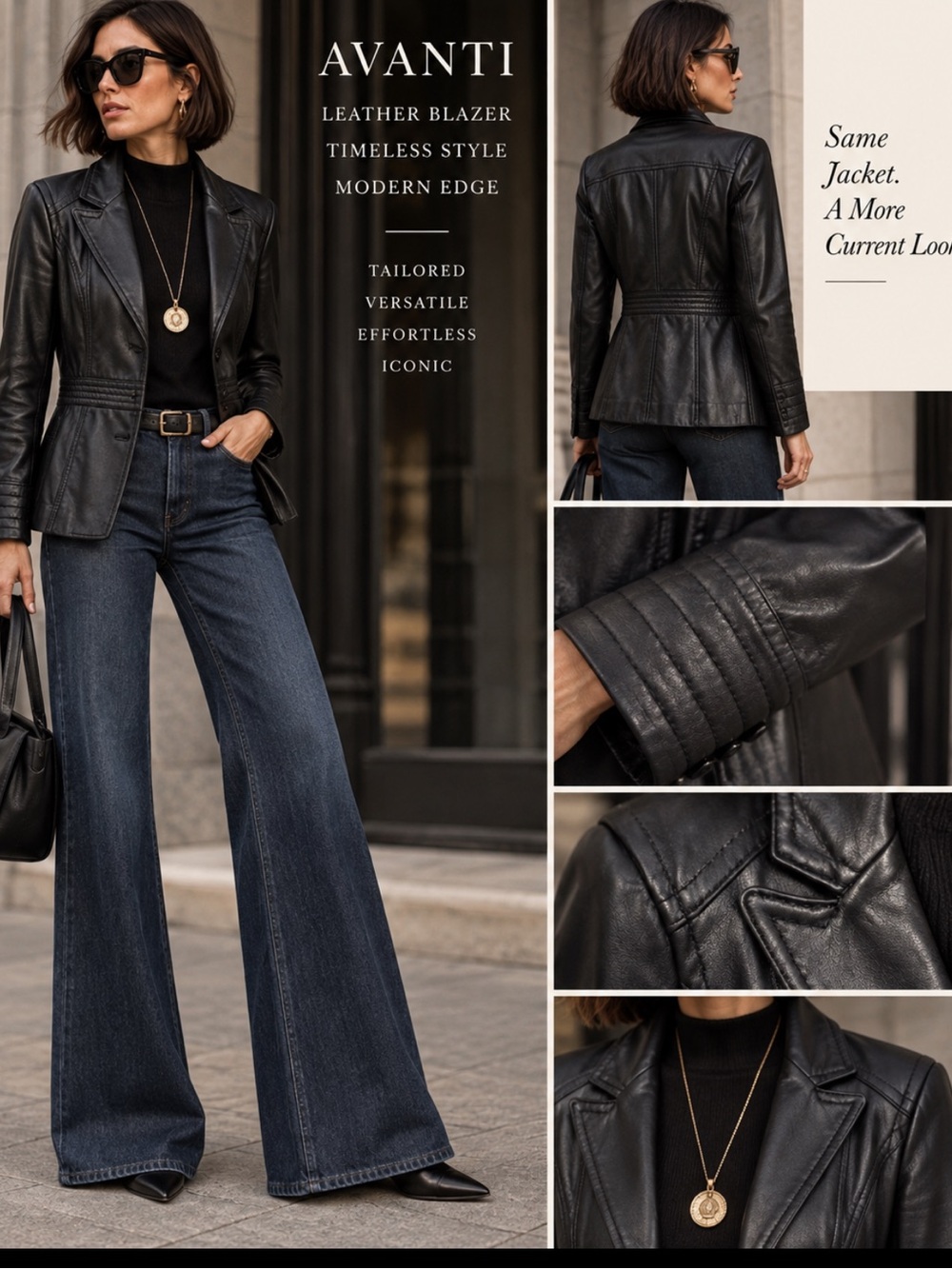 Black Leather Fitted Blazer Jacket Y2K Tailored Waist 90s Minimalist Chic Small